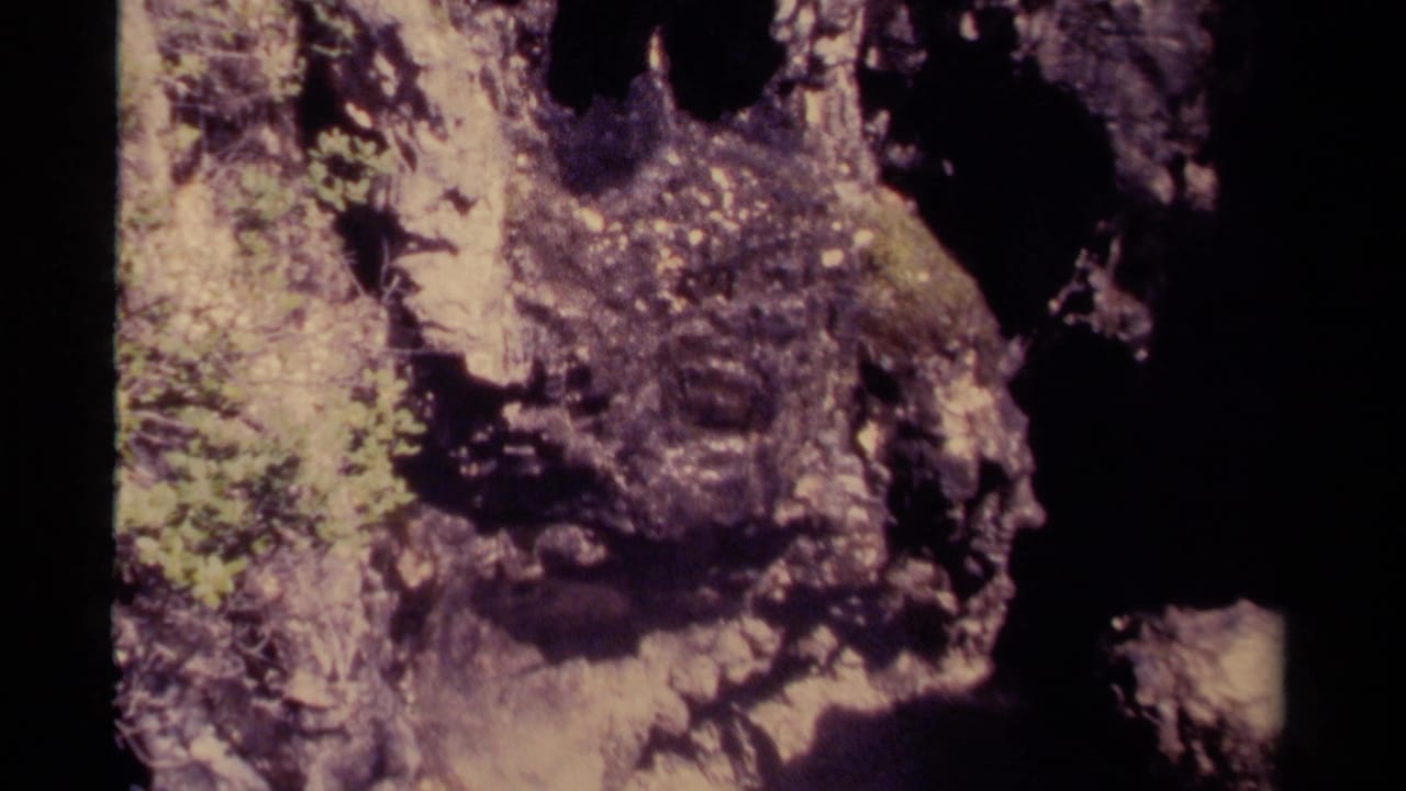 Rocky cave mouth with pale stone, moss, and a large black recess.