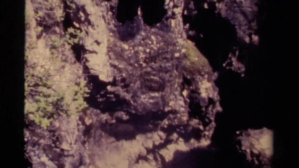 1979 Canadian 8mm frame of a shaded cavern recess bordered by textured stone and small green patches.