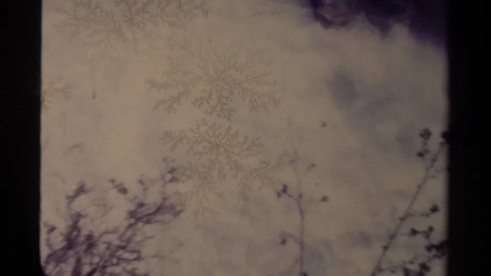 1979 Canada 8mm frame with soft pale waterfall water and mist, faint foreground branches, dark frame edges, grain, and exposure variation.