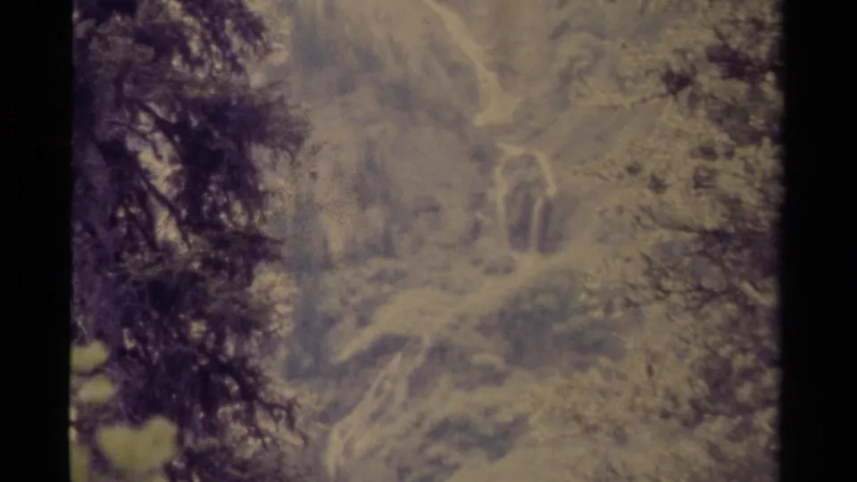 Late-1970s 8mm Canadian woodland overlook, showing dark trees framing a soft hillside with pale natural lines in the distance.