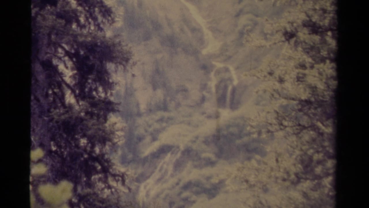 Soft, green-tinted view of a waterfall or cascade framed by trees.