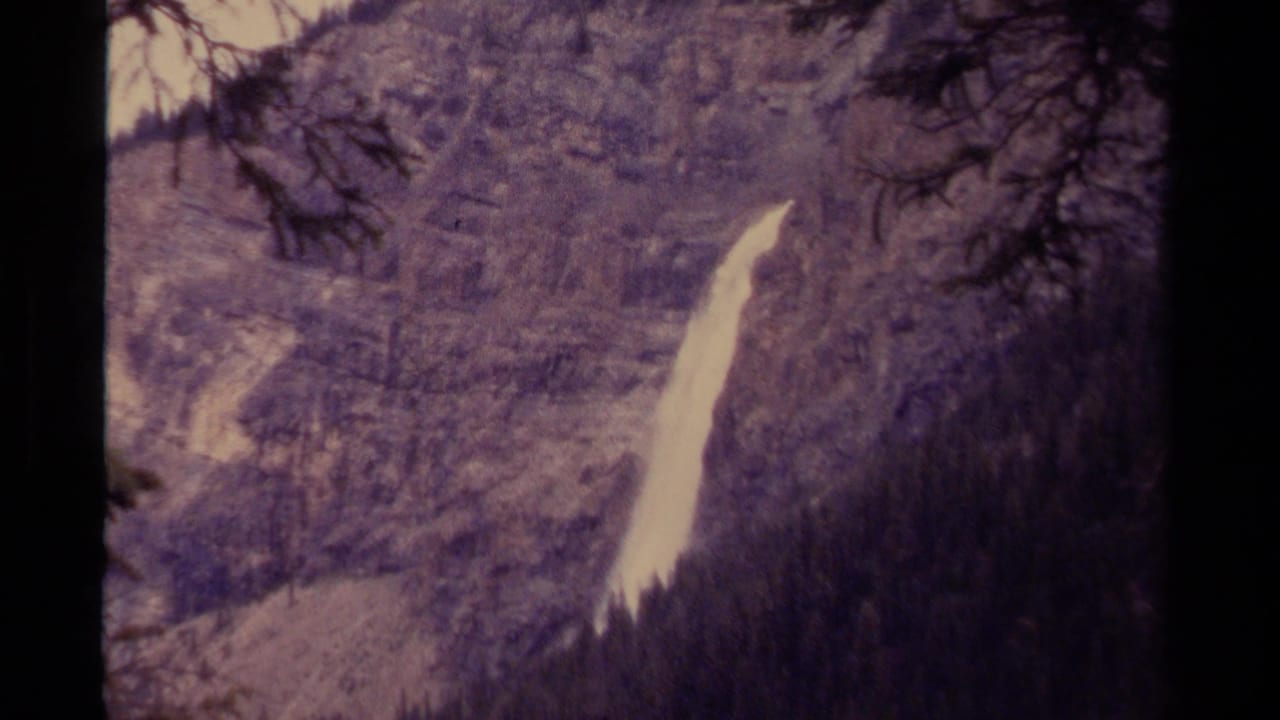Tall waterfall drops down a rocky cliff behind dark tree branches and a forested valley.