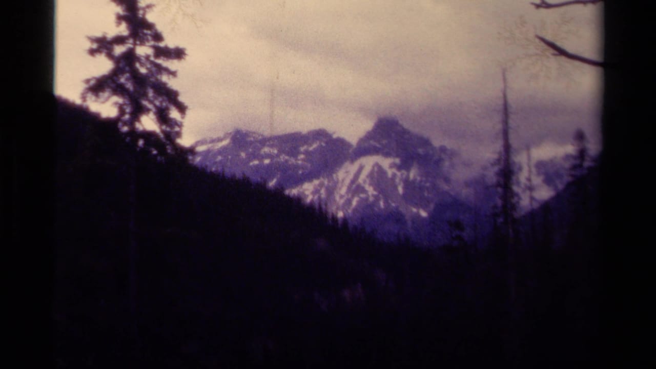 Snowy mountain peaks beyond dark forest silhouettes and film-frame borders.