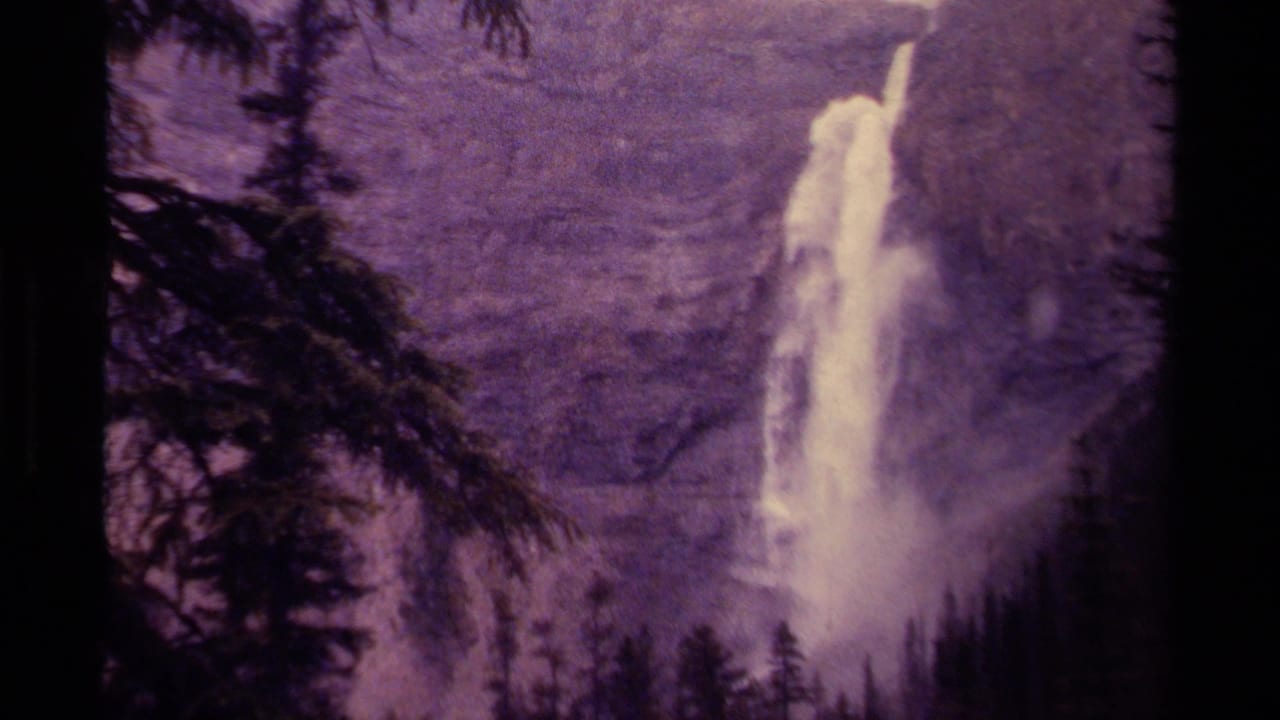 Distant waterfall dropping down a rocky cliff behind dark evergreen branches.