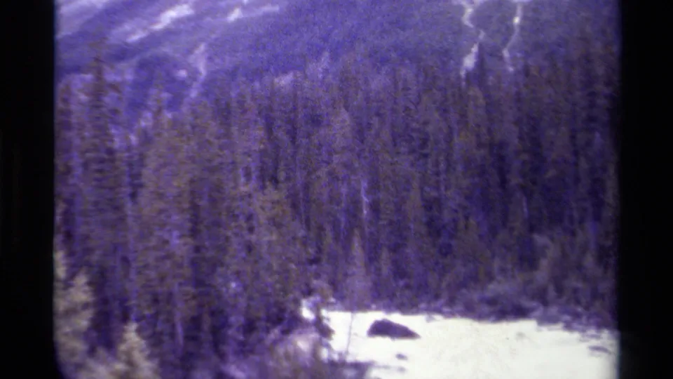 1979 Canadian 8mm view of a forested mountain slope with a small snowy clearing and dark rock near the lower edge.
