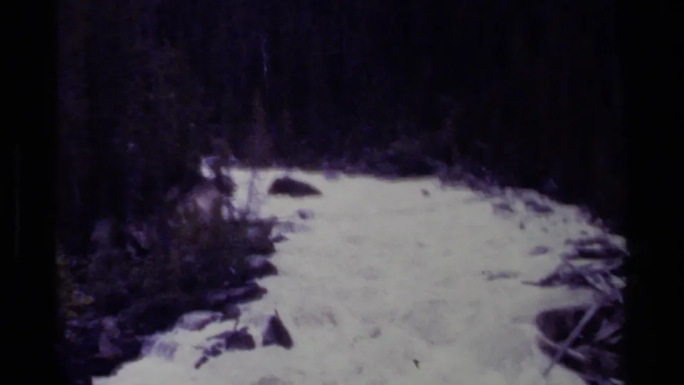 1979 Canadian home-movie frame of turbulent white water in a wooded channel, bordered by rocks, brush, and shadowed trees.