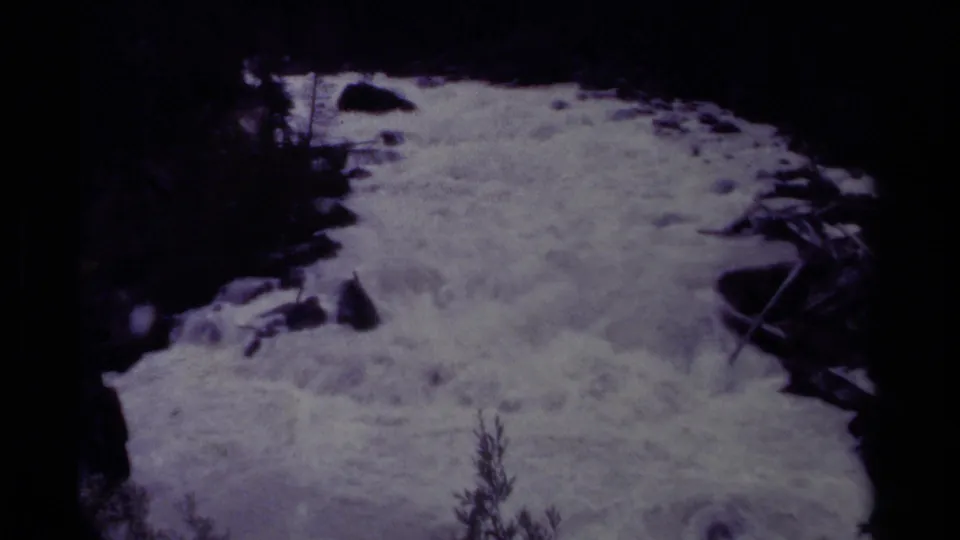 1979 Canadian home-movie frame of fast white water bordered by rocks, brush, and dark evergreen forest in a handheld 8mm view.