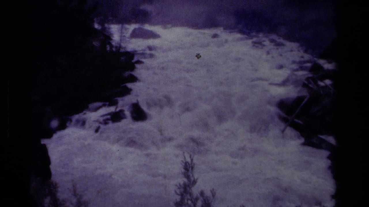Rushing river rapids bordered by dark rocks and brush.