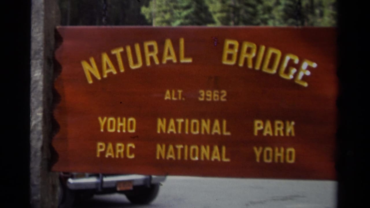 Natural Bridge sign fills the frame, with yellow lettering, trees, road, and a partial vehicle behind it.