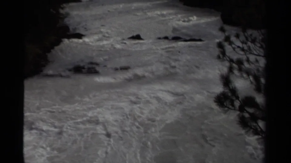Soft, grainy 8mm frame of Canadian river rapids flowing past rocks and tree branches.