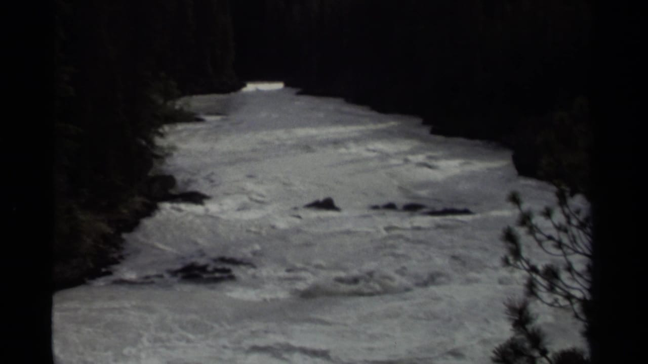 1979 Canadian 8mm frame of white water moving through a shaded forest river, with rocks breaking the surface.