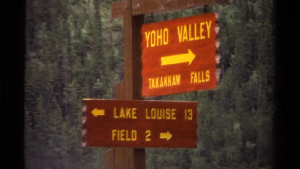The 8mm frame centers red wooden signs for Yoho Valley, Takakkaw Falls, Lake Louise, and Field, backed by conifer forest.