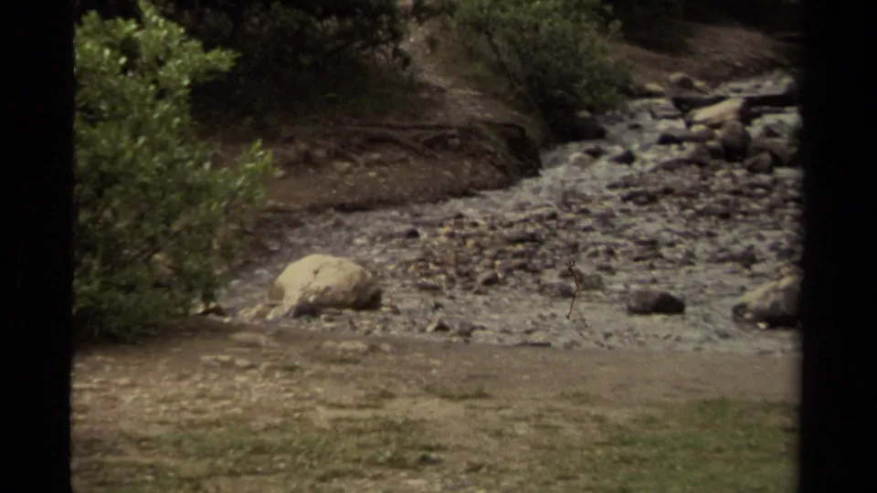 1979 Canada 8mm frame showing a rocky stream bed, grass, a pale boulder, shrubs, and shaded earth banks.