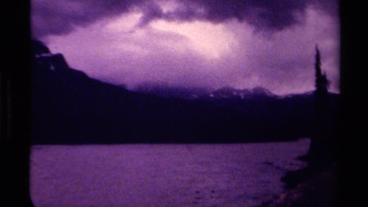 Lake and shadowed mountains with a lone tree shape at the right edge.