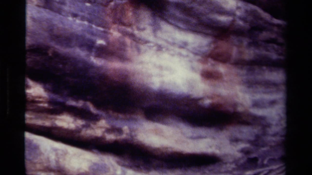 Blurred close-up of a purple-brown rock surface within black film borders.
