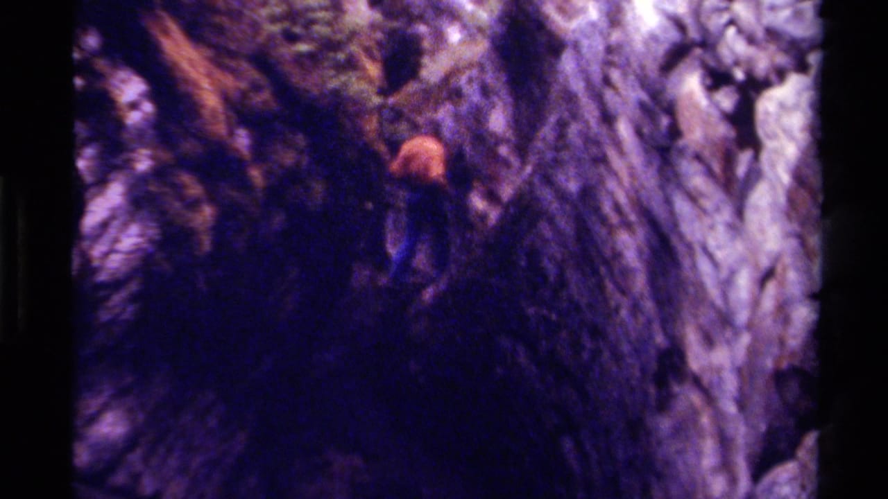 1979 Canadian 8mm home-movie frame showing a partially obscured hiker beside shadowed rock formations in a forest gorge.