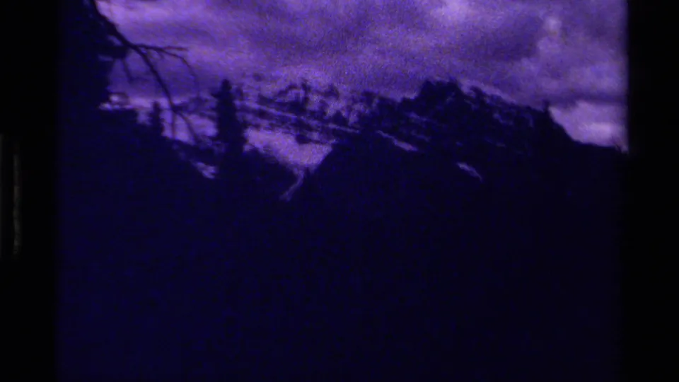 1979 Canadian 8mm frame with silhouetted tree branches before a dark mountain ridge and purple clouded sky.