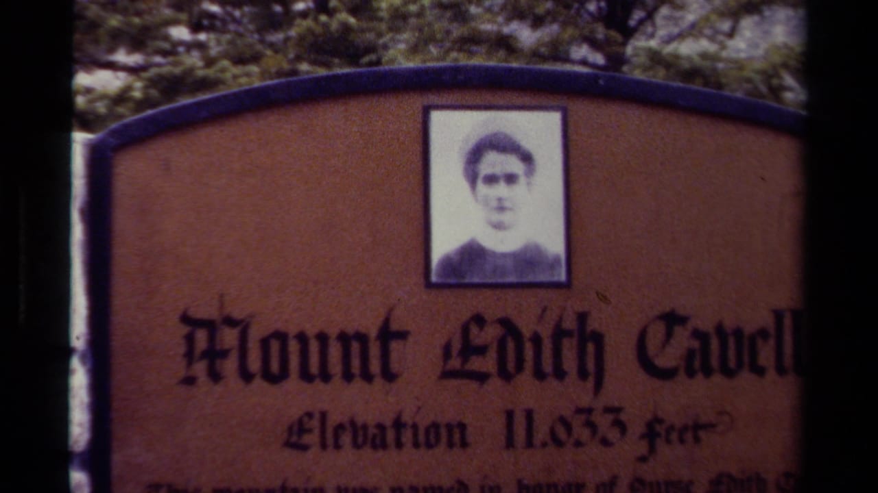 Mount Edith Cavell sign with a small portrait above the lettering.