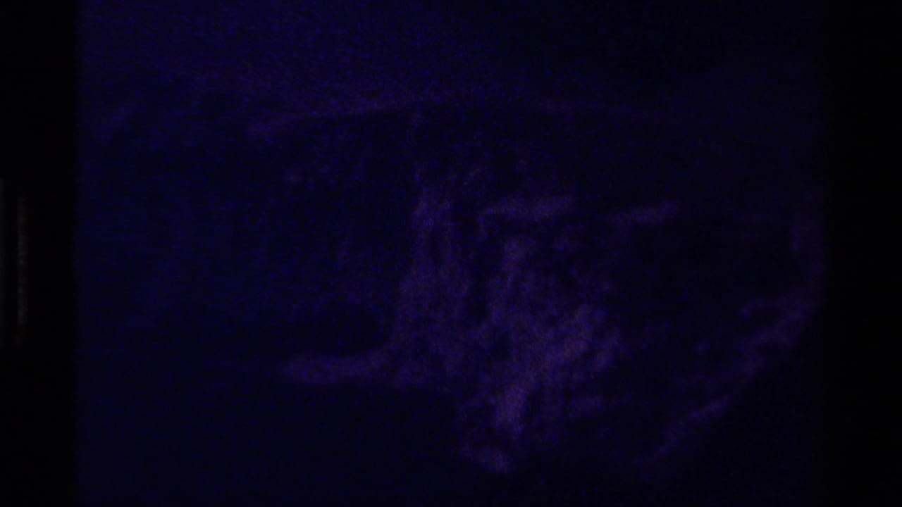 Dark purple-tinted rocky terrain seen in a grainy frame.