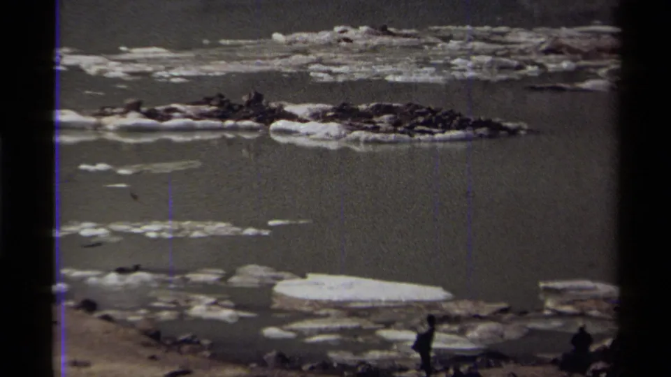 1979 Canadian home-movie frame of ice floes on water, shoreline rocks, and two distant people near the lower edge of the scene.