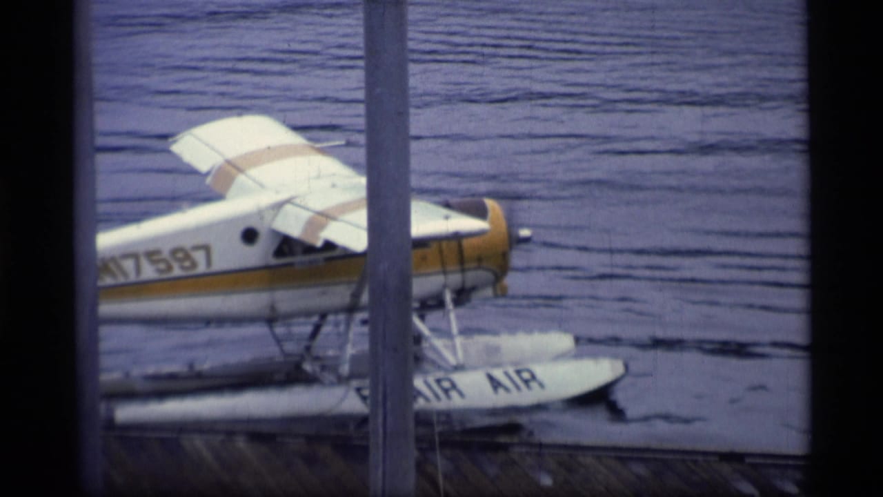 White and yellow floatplane moored beside a dock on calm water.