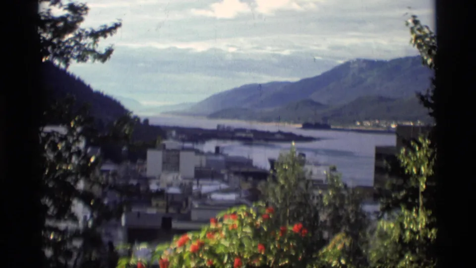 1977 Alaska scenic city view with water, mountains, shoreline buildings, and foreground foliage.