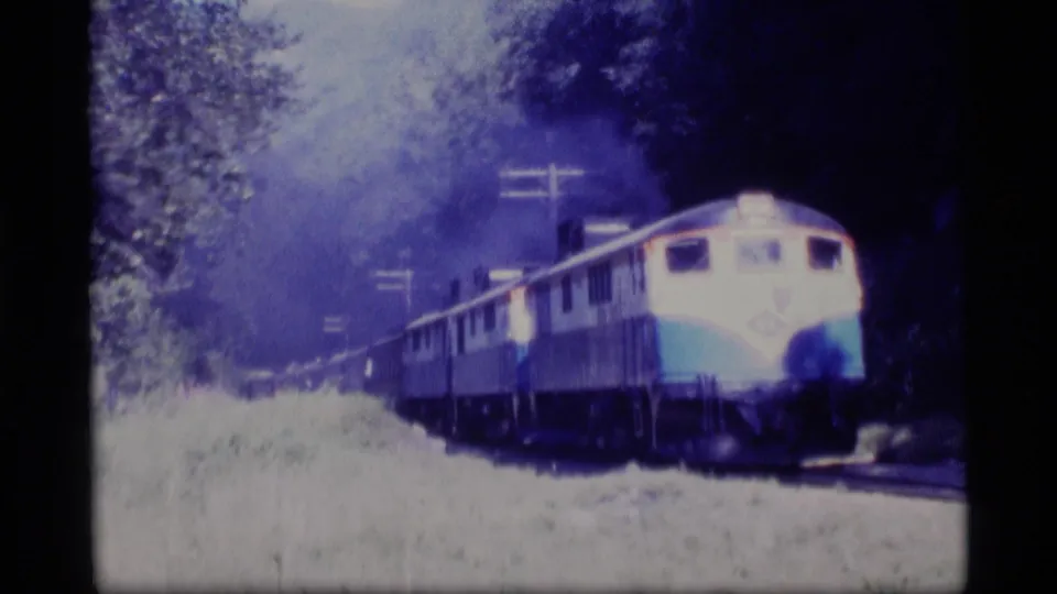 1977 Alaska home-movie frame of a passenger train traveling through trees, with utility poles above the rail line.
