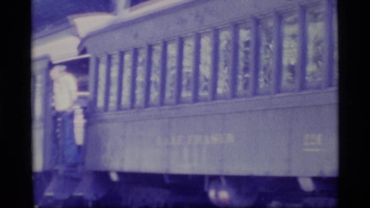 Man standing in an open passenger train doorway beside a row of rail-car windows.