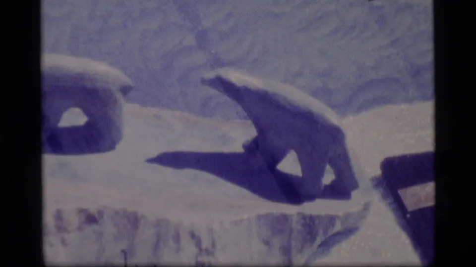 Closer 8mm home-movie view of pale bear-like forms on snow or ice, with soft focus and blue-purple color shift.
