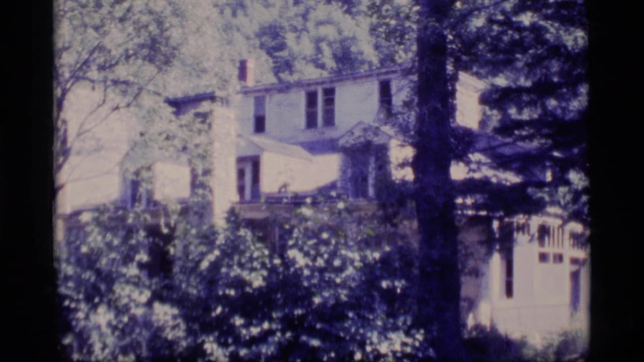 1977 Alaska 8mm frame showing a white house behind dense trees and shrubs, with soft focus and film grain.