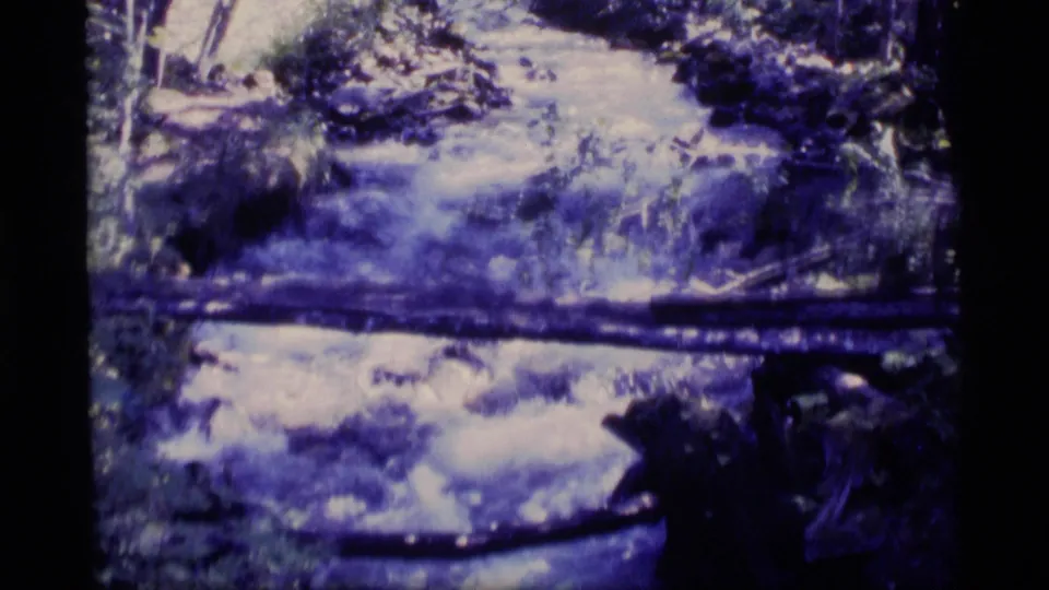1977 8mm Alaska home-movie frame with water cascading over rocks in a forest stream, crossed by a dark fallen branch in the foreground.
