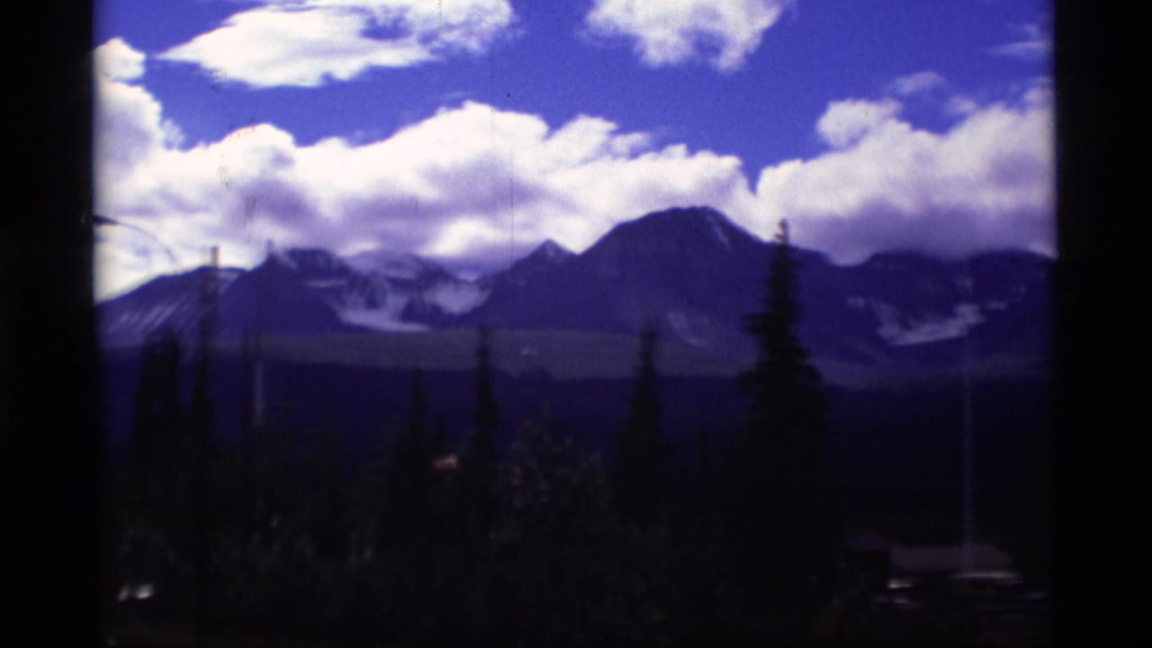 Snow-capped mountains and clouds beyond dark evergreen trees.