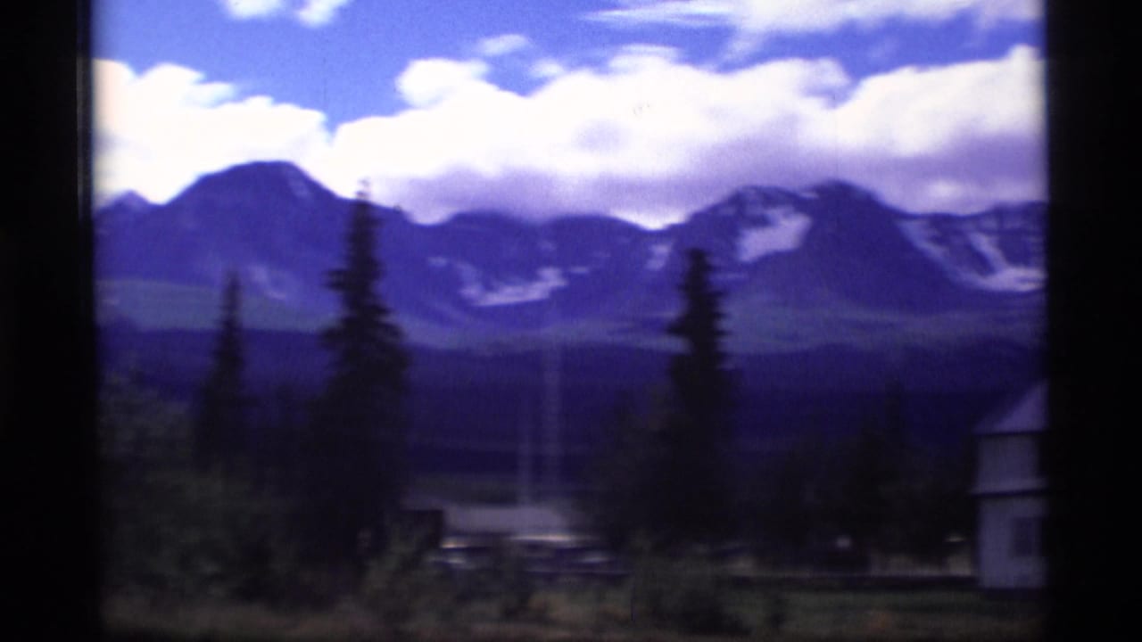 Mountain range behind evergreens with buildings at the right edge.