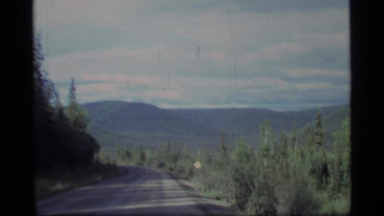 Paved road descending through trees toward distant hills under an overcast sky.