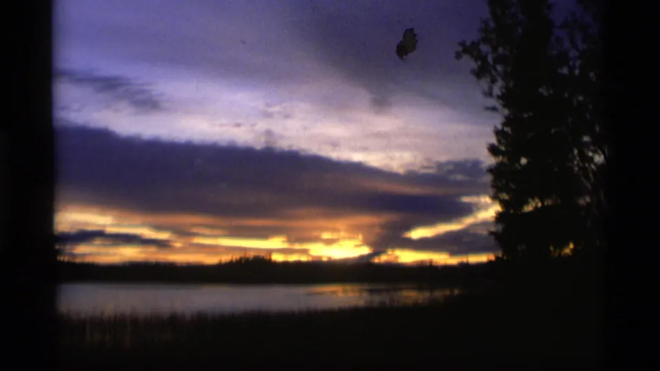 1977 Alaska 8mm frame showing a low lakeshore, silhouetted trees, purple-blue sky, and orange sunset light along the horizon.