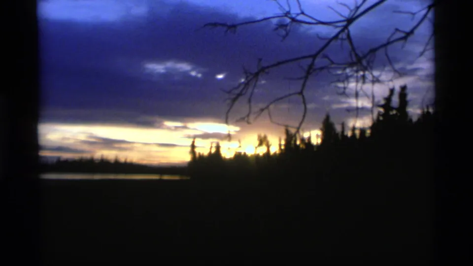 1977 Alaska 8mm frame with silhouetted evergreens, bare branches, a dim lake edge, and bright sunset light under blue clouds.