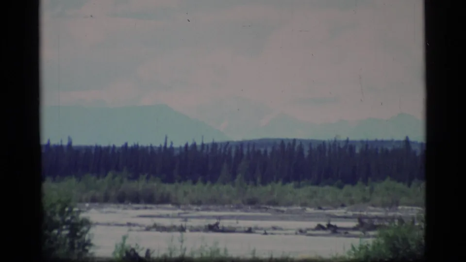 1977 Alaska frame showing a broad floodplain and dark evergreen forest with muted mountain silhouettes in the distance.