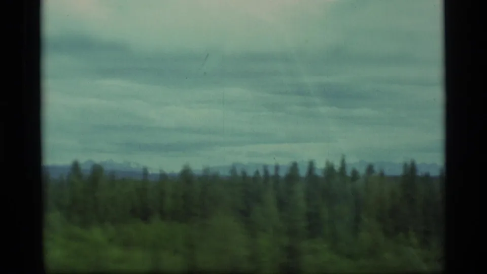 1977 Alaska 8mm frame with a soft, moving view of green trees, distant hills, and a gray cloud deck.
