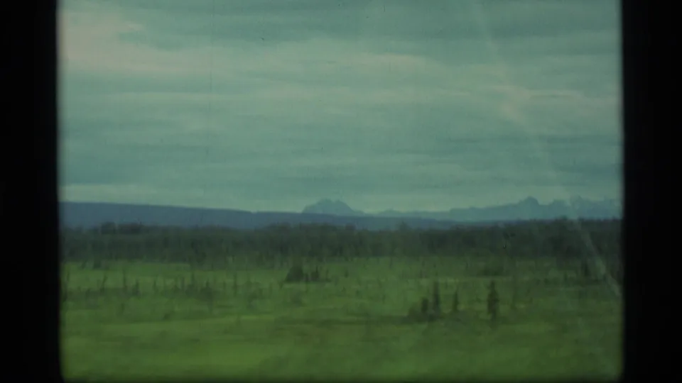1977 Alaska 8mm frame showing green countryside, a dark tree line and distant snow-capped mountains under overcast light.