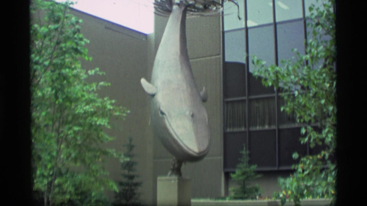 1977 Alaska home-movie frame showing a large whale sculpture beside a modern office facade and leafy trees.