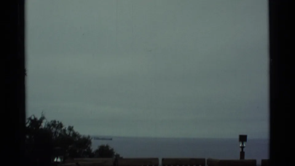 Muted coastal view in 1977 Alaska footage, with grey water, low shore, and dark foreground vegetation.