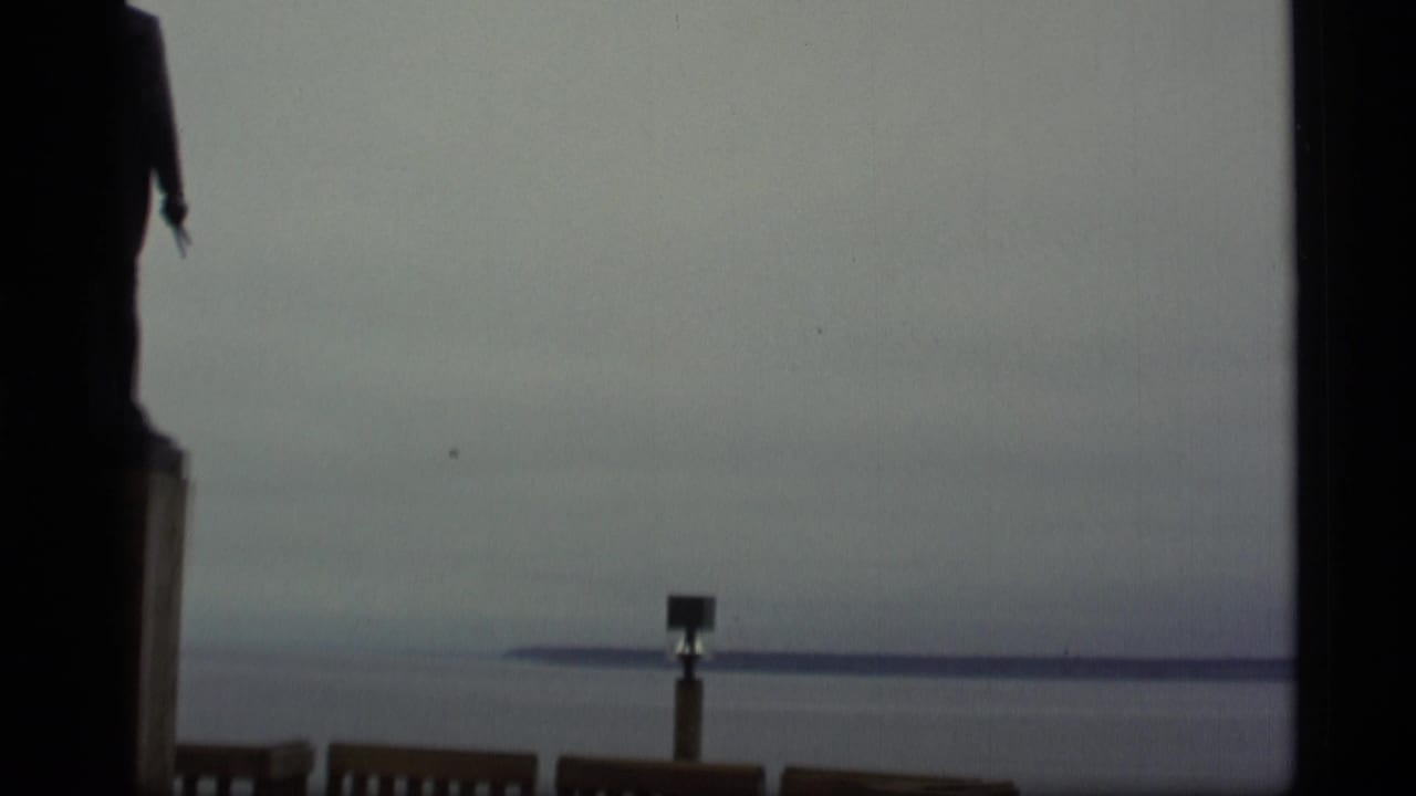 Overcast ocean view framed by dark edges and wooden railings.