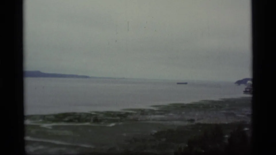 1977 Alaska 8mm coastal frame showing beach grasses, gray water, distant shoreline, and a small boat-like shape offshore.