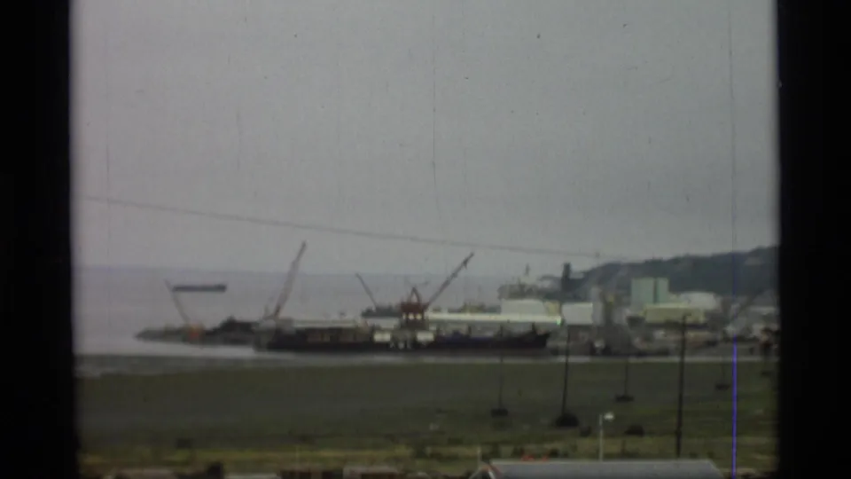 1977 Alaska harbor view with cranes, docked vessels, shoreline structures, grassy foreground, and calm water in overcast light.