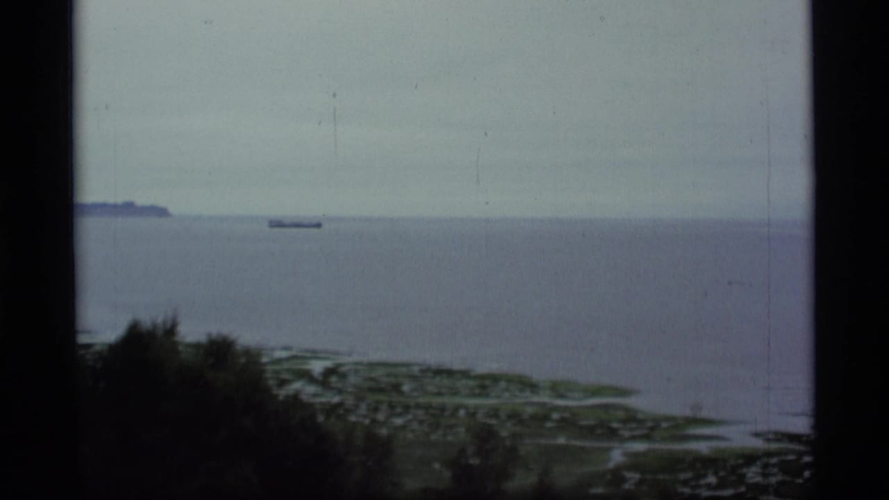 Overcast coastal water with a distant boat and low shoreline seen through dark borders.