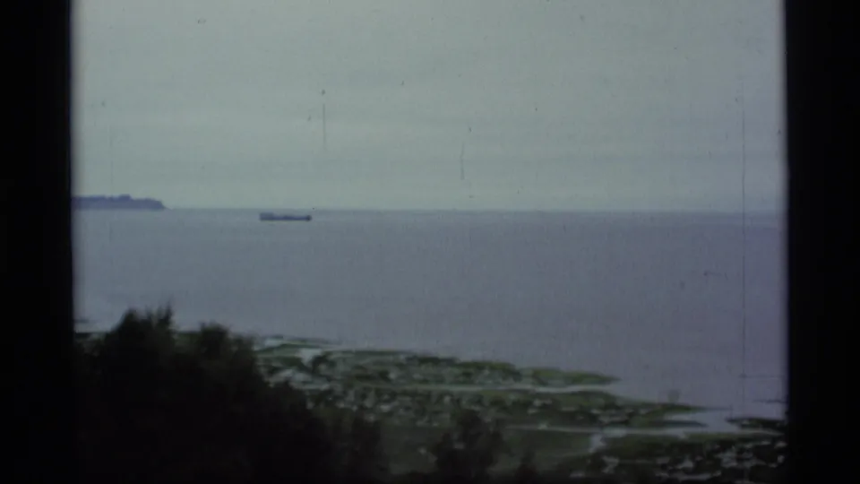 1977 Alaska 8mm view of gray coastal water, a distant boat on the horizon, and marshy shoreline below dark framing edges.