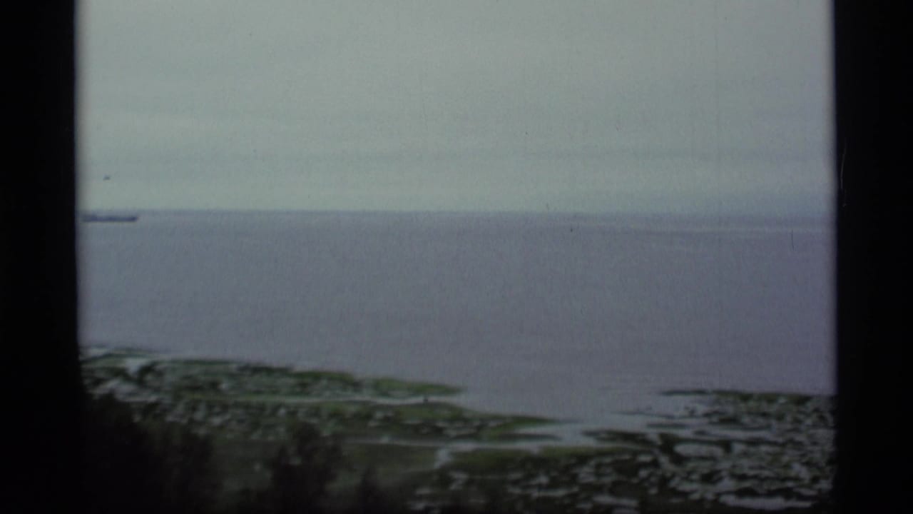 Wide gray water and low coastal land framed by dark vertical borders.