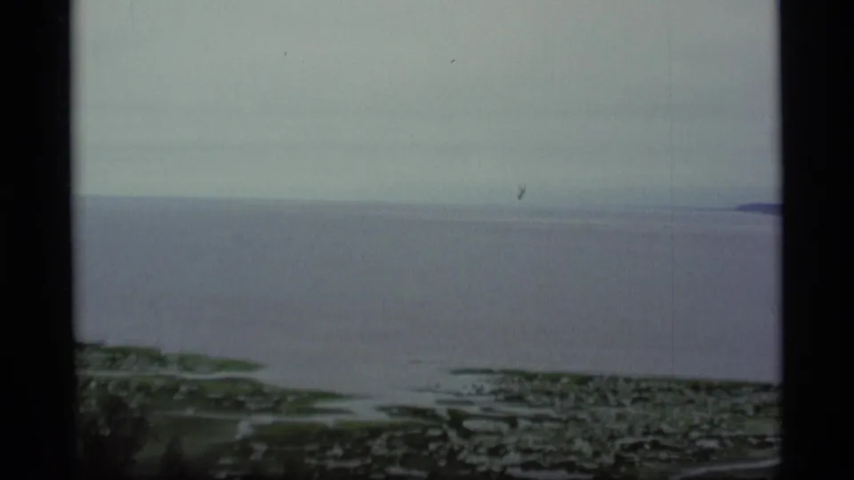 1977 Alaska 8mm frame showing a quiet coastal bay, marshy foreground, and faint distant land under gray sky.