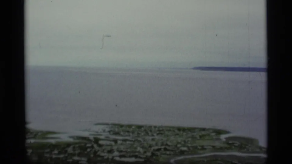 1977 Alaska home-movie frame of gray open water, low coastal landforms, and dark framing along the edge.