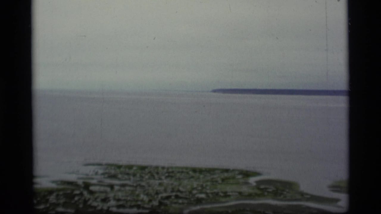 1977 Alaska home-movie frame showing ocean water, low distant shoreline, and muted gray sky from an elevated coastal viewpoint.